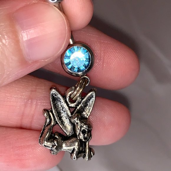 Tink Fairy with Aqua Blue gem, Fairy Design Dangle Belly Ring - Picture 2 of 15